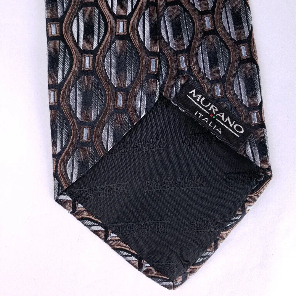 Murano Italia Geometric Silk Tie‎ Brown Black Silver Retro Business Mens Necktie